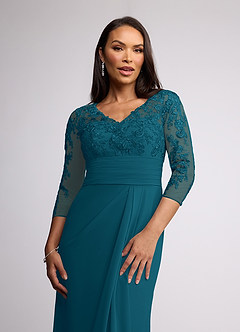 Azazie Joan Mother of the Bride Dresses Ink Blue Sheath V-Neck Lace Chiffon Dress image3