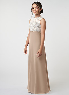 Azazie Rana Junior Taupe A-Line Lace Chiffon Dress image3