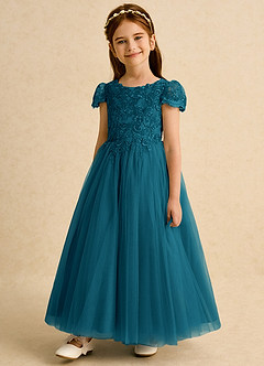 Azazie Puff Flower Girl Dresses Ink Blue Ball-Gown Lace Tulle Dress image5