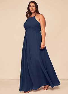 Azazie Ginger Vestidos de damas de honor Vestido de Azul Marino Oscuro de Gasa de Corte en A con Halter Plisado image9