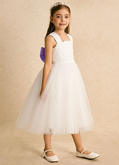 Azazie Dimple Abiti da Ragazza di Fiori Abito Principessa in Tulle Pizzo Avorio Lilla image3