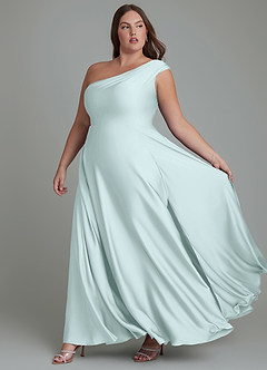 Azazie Melanie Bridesmaid Dresses Sea Glass A-Line Off the Shoulder Stretch Satin Dress image10
