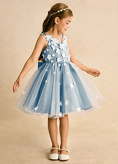 Azazie Junebug vestidos de niña de las flores Vestido de Marfil Azul Acero de Tul de Princesa con Encaje image4