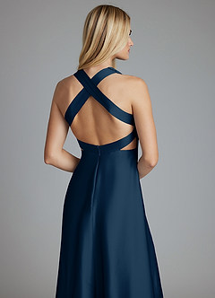 Azazie Raelynn Final Sale Dark Navy A-Line Pleated Stretch Satin Dress image3