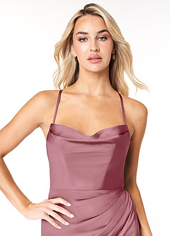 Azazie Marzia Bridesmaid Dresses Vintage Mauve Sheath Cowl Pleated Stretch Satin Dress image6