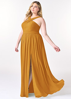 Azazie Elvira Abiti da Damigella Abito A-Line in Chiffon Plissettato Caramello image9