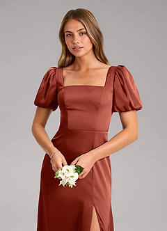 Azazie Fyona Bridesmaid Dresses Terracotta A-Line Pleated Stretch Satin Dress image6