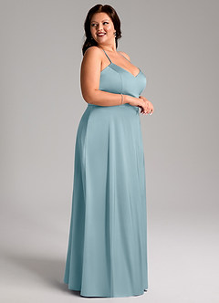 Azazie Mei Vestidos de damas de honor Vestido de Azul Malhumorado de Satén Elástico de Corte en A con Cuello en V image9