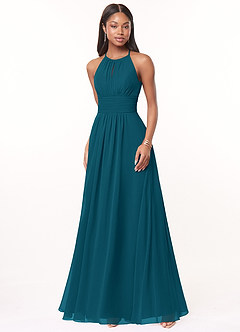 Azazie Bonnie Bridesmaid Dresses Ink Blue A-Line Keyhole Ruched Chiffon Dress image1