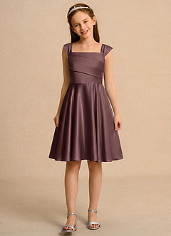 Azazie Budle Girls Formal Flower Girl Dresses Espresso A-Line Pleated Matte Satin Dress image4