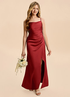 Azazie Minnie Junior Pomegranate Sheath Ruched Stretch Satin Dress image5