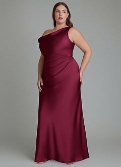 Azazie Emerson Vestidos de damas de honor Vestido Borgoña de Satén Elástico de Corte Sirena con Hombros descubiertos image4