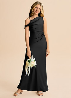 Azazie Emerson Junior Black Sheath Off the Shoulder Stretch Satin Dress image5