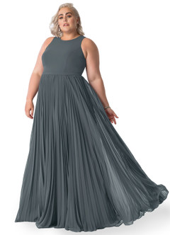 Azazie Lindie Final Sale Pewter A-Line Scoop Pleated Chiffon Dress image21