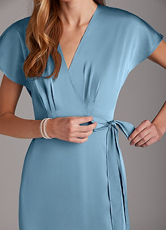 Azazie Nico Bridesmaid Dresses Steel Blue A-Line V-Neck Stretch Satin Dress image7