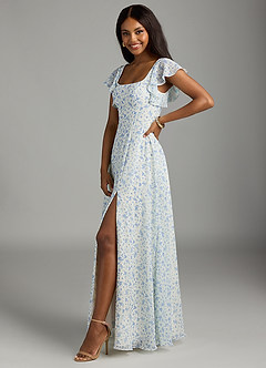 Azazie Bondi Bridesmaid Dresses Blue And White Ditsy Floral A-Line Ruffled Chiffon Dress image5