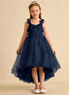 Azazie Tweety Robe Demoiselle D'honneur Fillette Robe Trapèze en Tulle Dentelle Bleu Marine Foncé image3