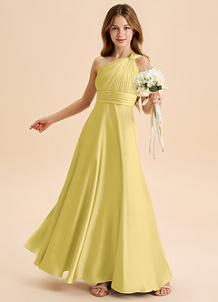 Azazie Charlize Junior Canary A-Line Pleated Stretch Satin Dress image4
