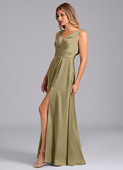 Azazie Karina Robes de demoiselle d'honneur Robe Trapèze en Satin extensible Plissée Vert Mousse image3