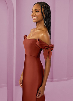 Barbie ♥ Azazie Bridesmaid Dresses Terracotta Sheath Off the Shoulder Stretch Satin Convertible Dress image12