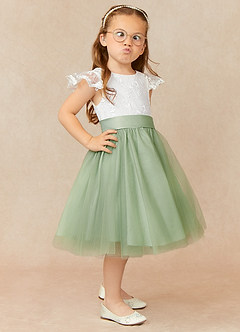 Azazie Vetty Flower Girl Dresses Ivory Dusty Sage A-Line Lace Tulle Dress image3