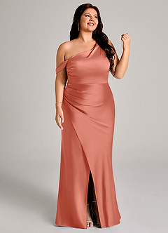 Azazie Madelyn Bridesmaid Dresses Salmon Pink Mermaid One Shoulder Stretch Satin Convertible Dress image13