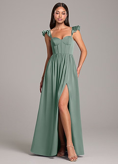 Azazie Denisse Kleider zum Anprobieren zu Hause A-Linie Gestreift Stretch-Satin Kleid Staubblau image5