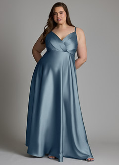 Azazie Amani At-home Try On Dresses Dusty Blue A-Line Pleated Stretch Satin Dress image8