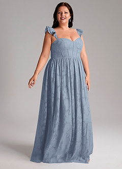Azazie Denisse At-home Try On Dresses Dusty Blue A-Line Ruched Floral Burnout Dress image10