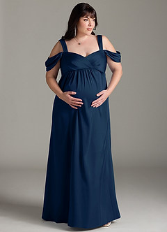 Azazie Rhea vestidos de dama de honor de maternidad Vestido de Acampanado Off The Shoulder Plisado Largo hasta el piso Stretch Satin image8