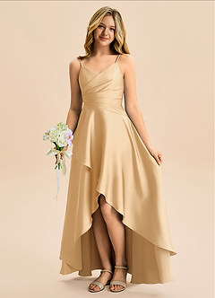 Azazie Eirlys Junior Vestido Ouro de Cetim elástico de Linha A com Plissado image1