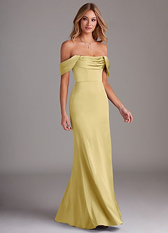 Azazie Saige Bridesmaid Dresses Lemon Sorbet Sheath Off the Shoulder Stretch Satin Dress image6