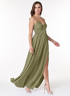 Azazie Raya Bridesmaid Dresses Pistachio A-Line V-Neck Pleated Stretch Satin Dress image4