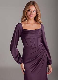 Azazie Charissa Bridesmaid Dresses Plum Sheath Long Sleeve Stretch Satin Dress image7