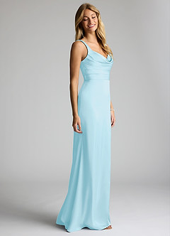 Azazie Elida Bridesmaid Dresses Sky Blue Sheath Pleated Stretch Satin Dress image3