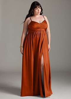 Azazie Alia Vestidos de damas de honor Vestido de Naranja Quemada de Satén Elástico de Corte en A con Plisado image12