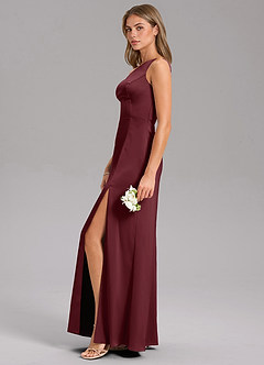Azazie Feby Vestidos de damas de honor Vestido de Cabernet de Satén Elástico de Corte en A con Hombro unilateral image5