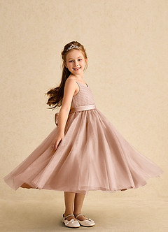 Azazie Patootie vestidos de niña de las flores Vestido de Champán Rosado de Tul de Corte En A con Tirante Espagueti image3