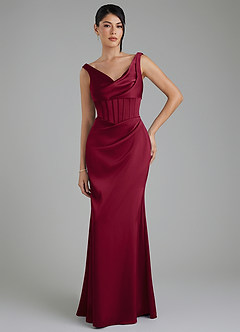 Azazie Spencer Robes de demoiselle d'honneur Robe Sirène en Satin extensible Plissée Bourgogne image1