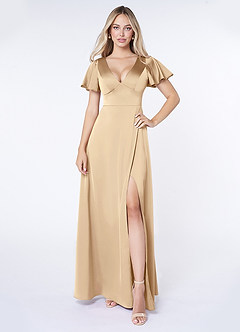 Azazie Lani Brautjungfernkleider A-Linie Volantärmel Stretch-Satin Kleid Champagner image1