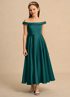 Azazie Teeny Junior Formal Jurken voor bloemenmeisjes A-Lijn Jurk van Mat Satijn Geplooid Pauw image6