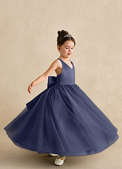 Azazie Peanut Robe Demoiselle D'honneur Fillette Robe Trapèze en Tulle Bretelle Bleu Orageux image5
