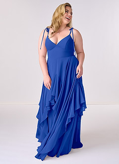A-line V-neck Chiffon Tiered Skirt Dresses Royal Blue