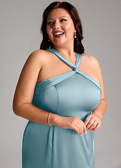Azazie Rue Bridesmaid Dresses Moody Blue A-Line Pleated Stretch Satin Dress image13