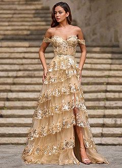 Glitz Champagne Robe de bal trapèze à volants image3