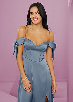 Barbie ♥ Azazie Bridesmaid Dresses Dusty Blue A-Line Off the Shoulder Stretch Satin Dress image5