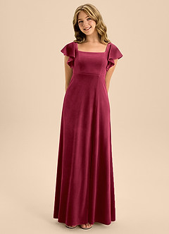 Azazie Bondi Junior Burgundy A-Line Bow Velvet Dress image1