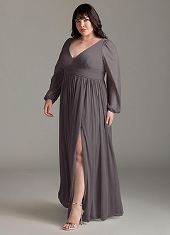Azazie Norah Bridesmaid Dresses Steel Grey A-Line V-Neck Long Sleeve Chiffon Dress image11