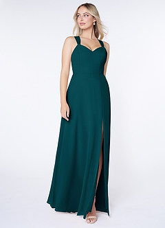Azazie Jane Robes de demoiselle d'honneur Robe Trapèze en Mousseline de soie Col V plissé Vert Pin image3