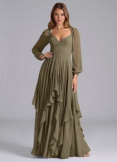 Azazie Karan Bridesmaid Dresses Willow Green A-Line Long Sleeve Chiffon Dress image3
